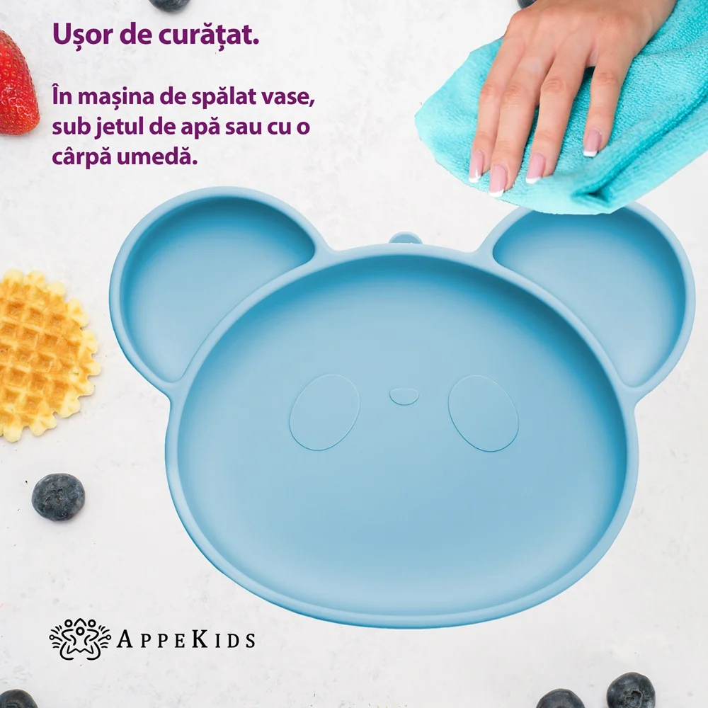 Farfurie din silicon cu ventuza Panda Aqua Blue 6 luni+, 1 bucata, Appekids