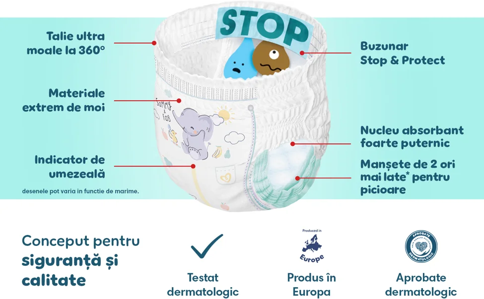 Scutec Pampers cu buzunar Stop & Protect, materiale moi si nucleu absorbant pentru protectie impotriva scurgerilor.