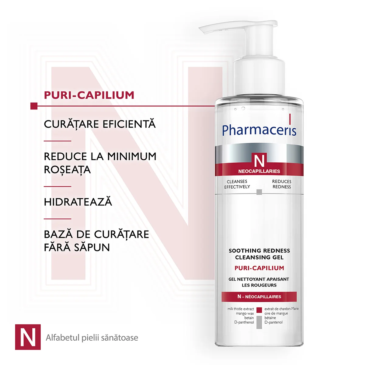 Gel de spalare de fata anti-roseata Puri-Capilium, 190ml, Pharmaceris