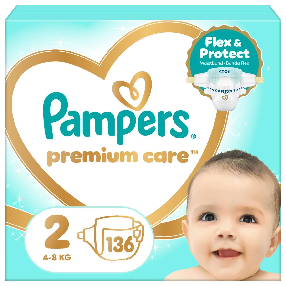Scutece Premium Care Nr. 2 pentru 4-8 kg, 136 bucati, Pampers