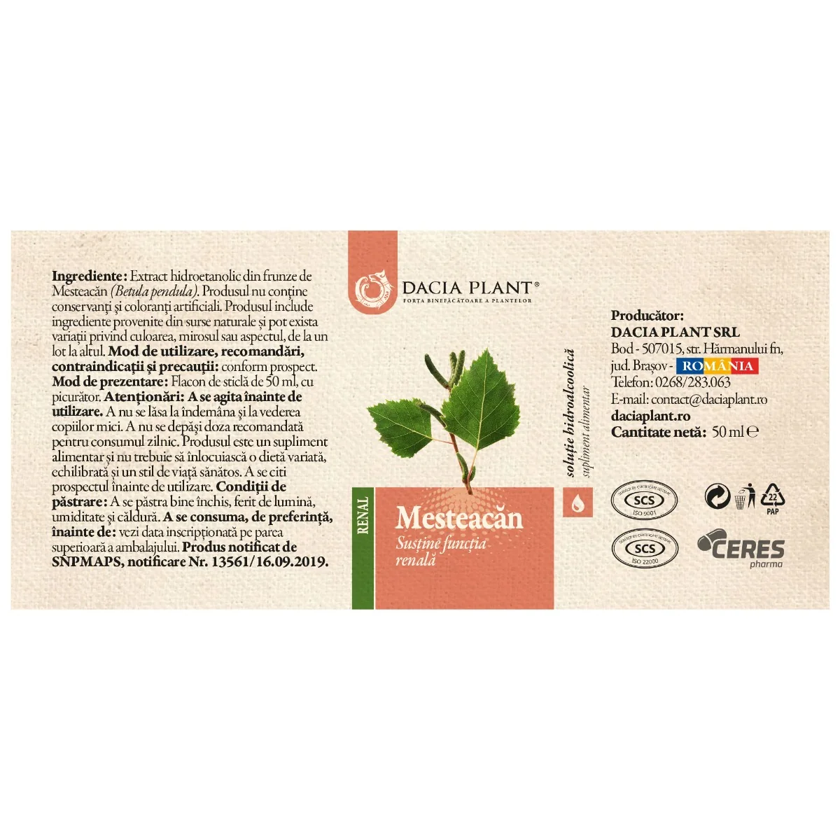 Tinctura de mesteacan, 50ml, Dacia Plant