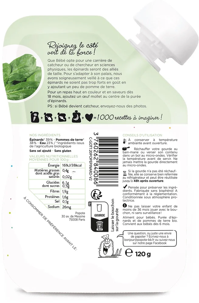 Piure cu spanac 4-6 luni Bio, 120g, Popote