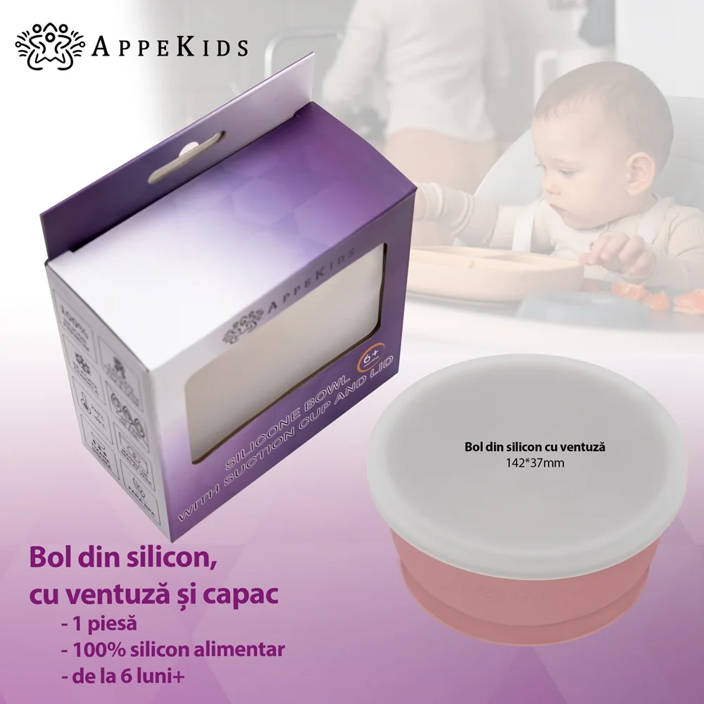Bol din silicon cu ventuza si capac 6 luni+ Old Rose, 1 bucata, Appekids