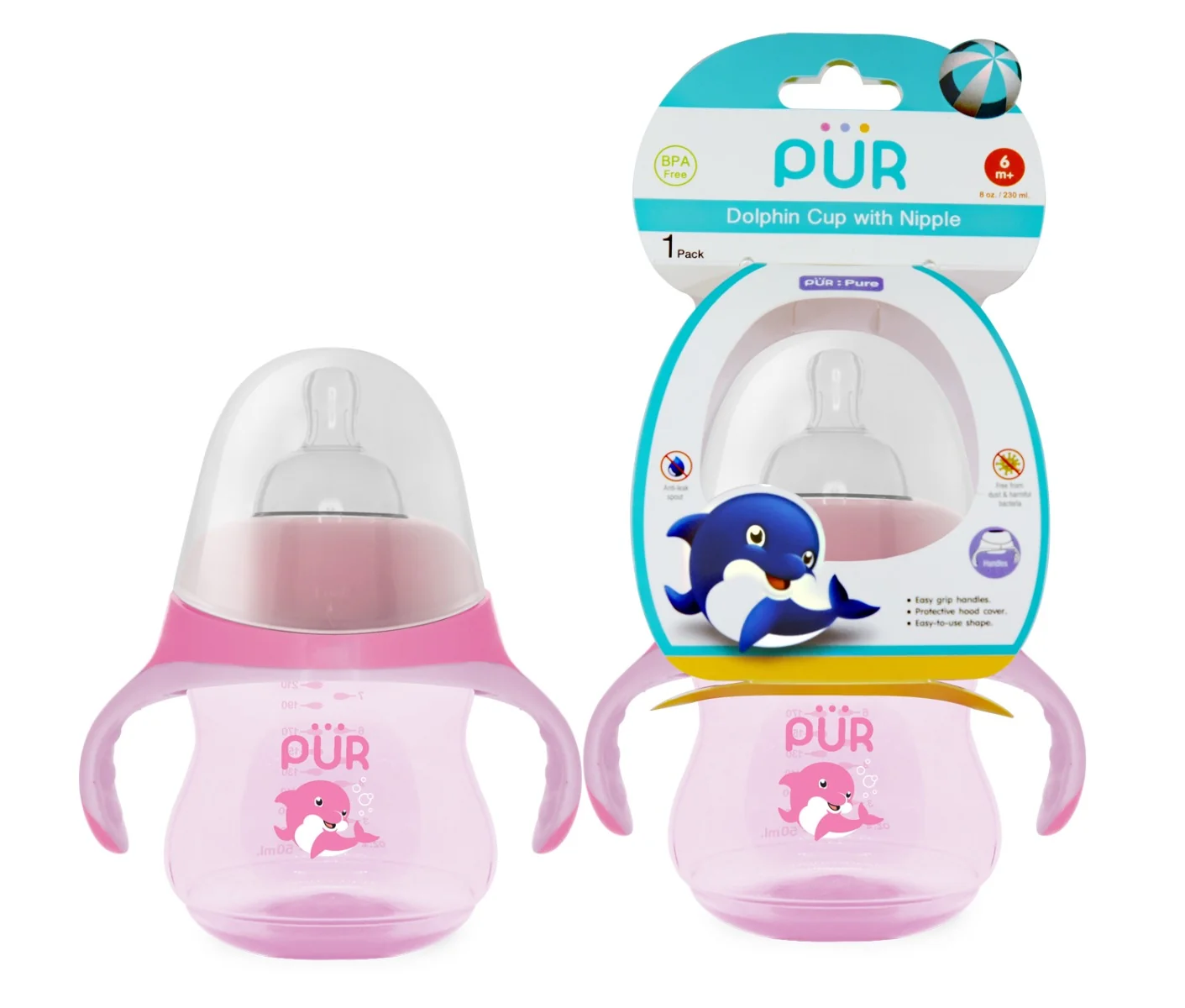 Biberon cu manere tip delfin roz +6luni, 230ml, PUR