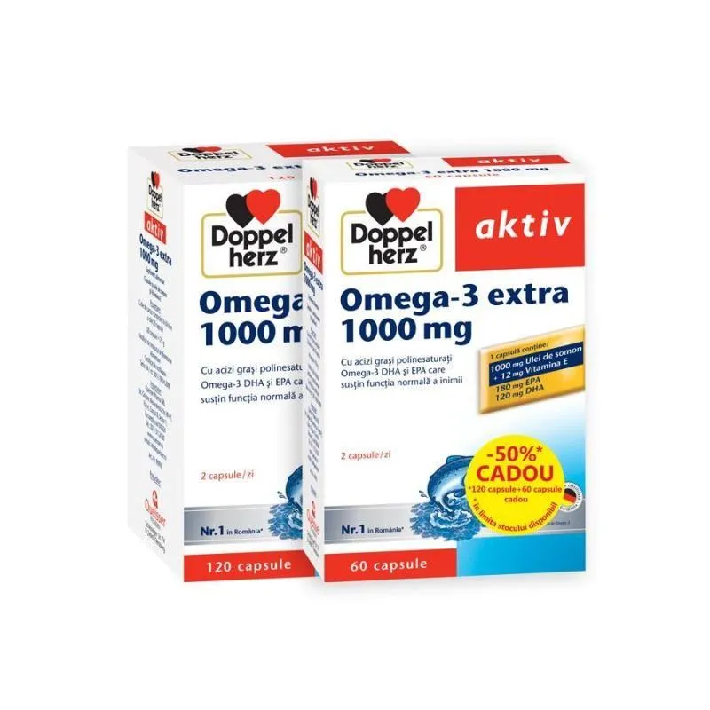 Omega 3 extra 1000 mg, 120 capsule + 60 capsule cadou, Doppelherz
