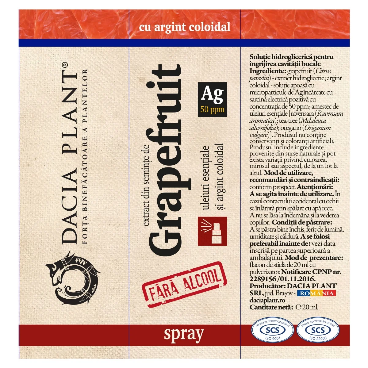 Extract din seminte de Grapefruit cu argint coloidal spray, 20 ml, Dacia Plant