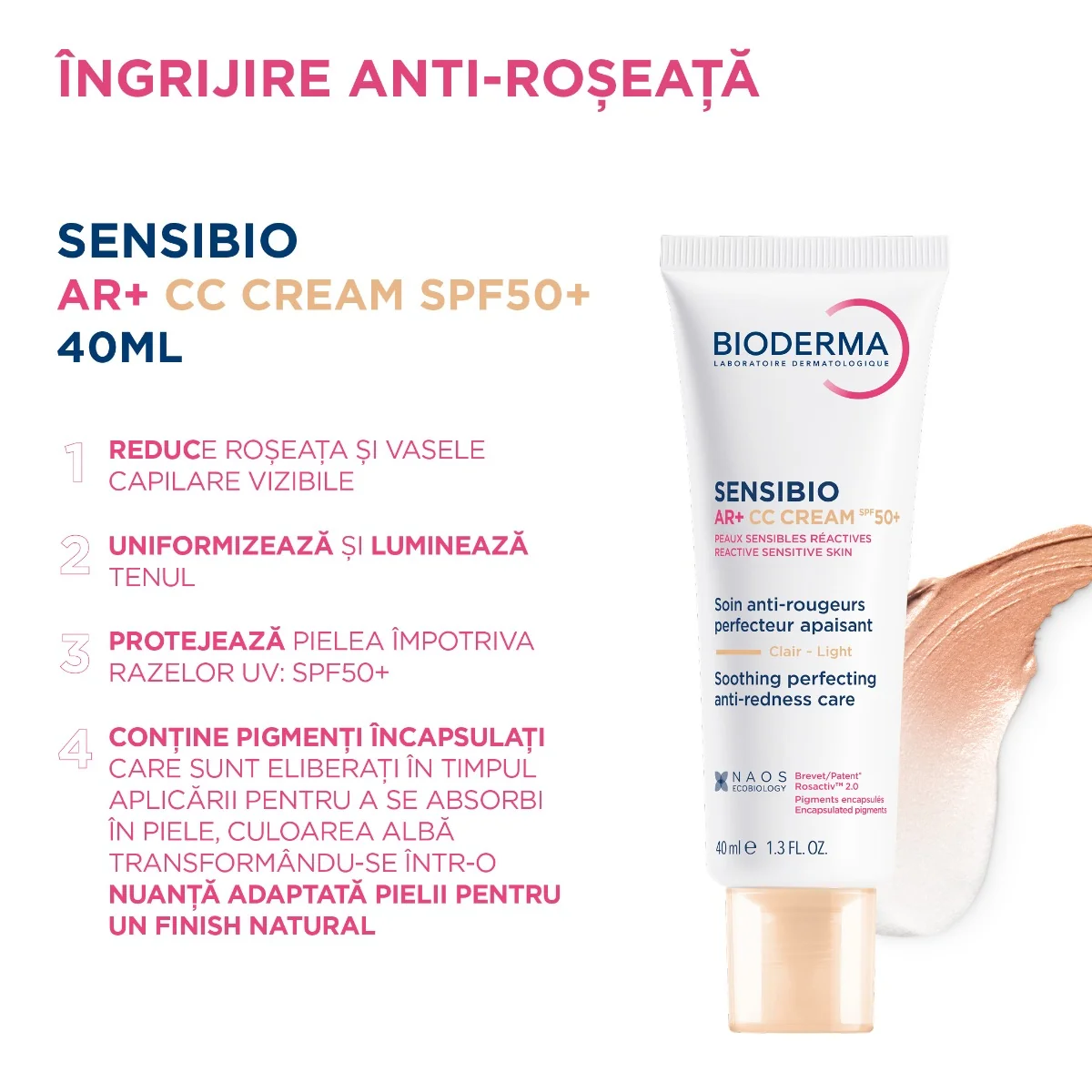 Crema corectoare cu protectie solara pentru piele reactiva cu roseata Sensibio AR+ CC Cream SPF 50+, 40ml, Bioderma