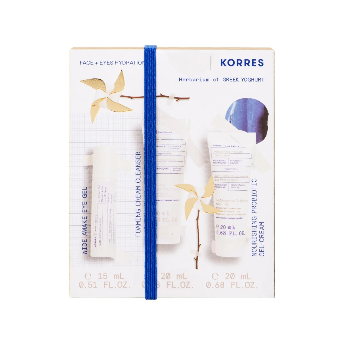Pachet Greek Yoghurt Gel pentru ochi 15ml + Spuma de curatare 20ml + Crema hidratanta 20ml, Korres