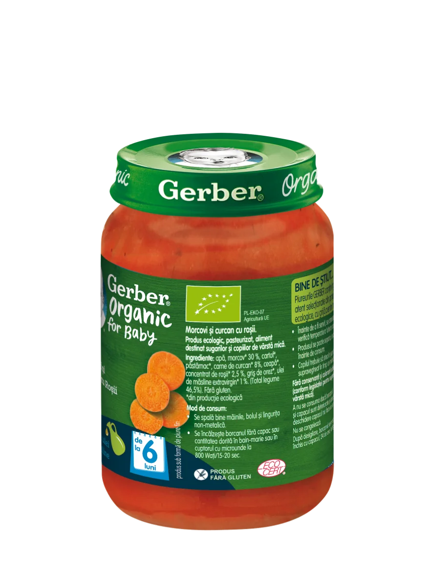 Piure Bio din morcovi cu rosii si curcan de la 6 luni, 190g, Gerber