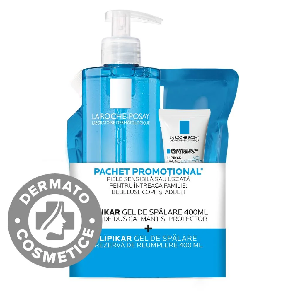 Pachet Gel de dus calmant Lipikar 400ml + Rezerva 400ml + Balsam Lipikar Baume Light AP+M 15ml, La Roche-Posay 
