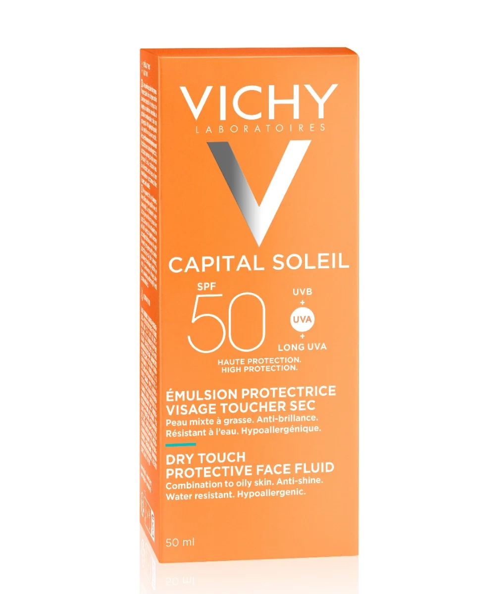 Emulsie matifianta cu protectie solara SPF 50+ pentru fata cu efect anti-stralucire pentru ten gras-mixt Capital Soleil Dry Touch, 50ml, Vichy