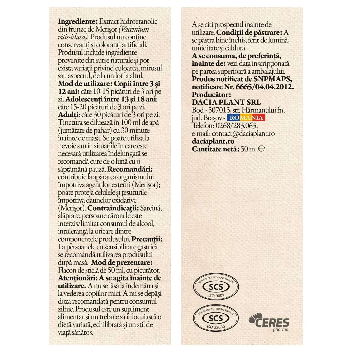 Tinctura de merisor, 50ml, Dacia Plant