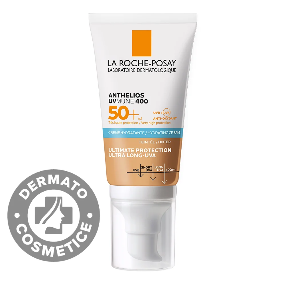 Crema hidratanta cu pigment de culoare protectie solara SPF 50+ pentru ten sensibil sau intolerant la soare Anthelios UV-Mune 400, 50ml, La Roche-Posay 