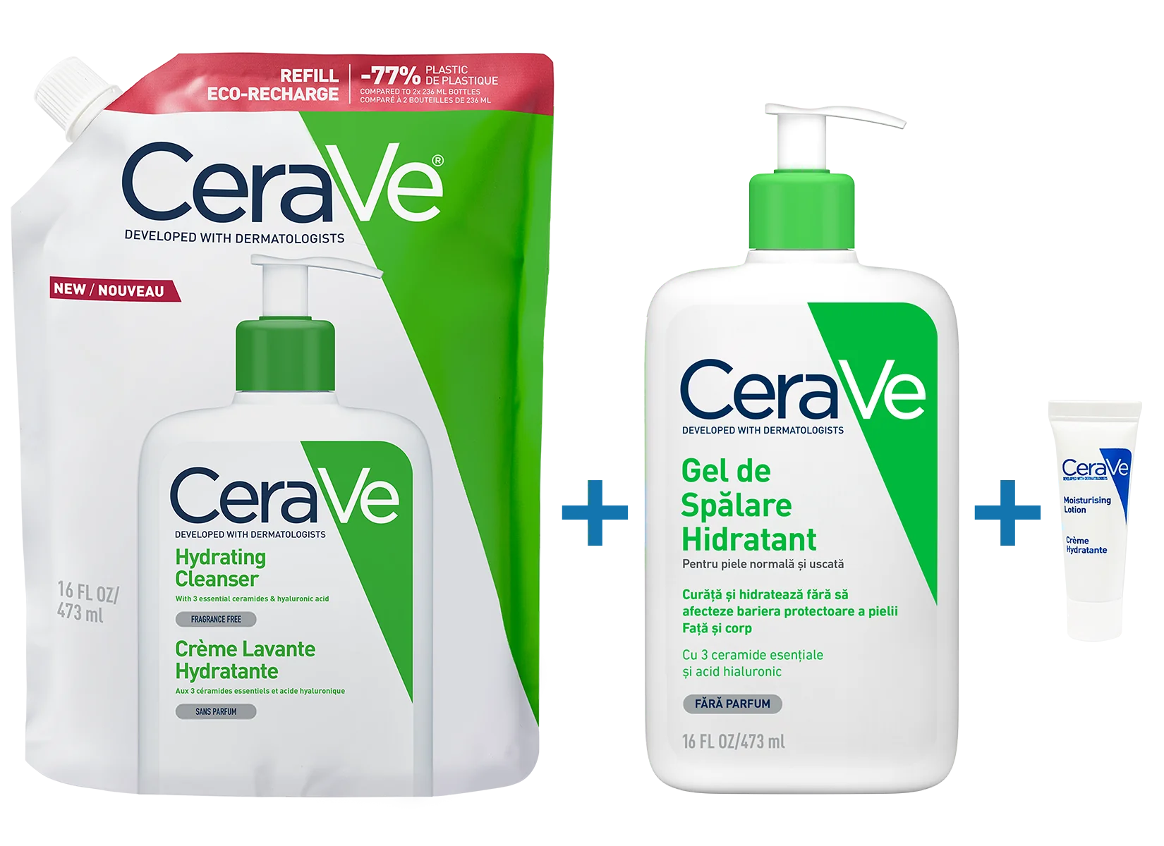 Pachet Gel de spalare hidratant 473ml + Refill Gel de spalare hidratant 473ml + Lotiune hidratanta 5ml, CeraVe