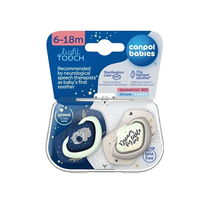 Suzeta simetrica fosforescenta din silicon 22/659 Blu Sleepy Koala 6-18 luni, 2 bucati, Canpol babies