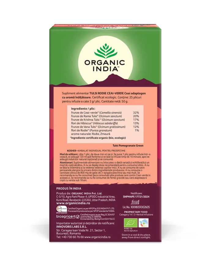 Ceai Tulsi rodie si ceai verde, 25 plicuri, Organic India