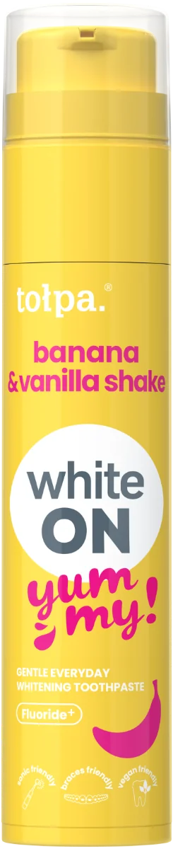 Pasta de dinti cu aroma de banana si shake de vanilie White ON Yummy, 60g, Tolpa