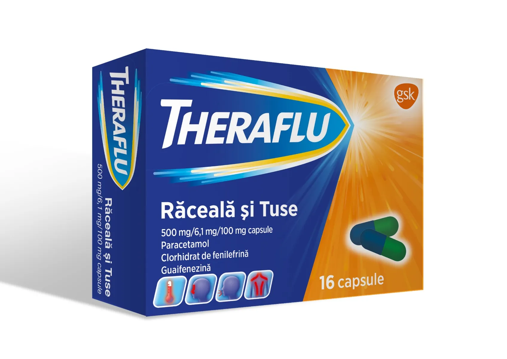 Theraflu Raceala si tuse 500 mg/6,1 mg/100 mg, 16 capsule, GSK 