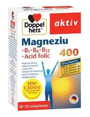 Magneziu 400 + B1 + B6 + B12 + Acid Folic, 30 + 10 comprimate, Doppelherz