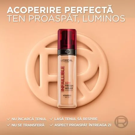 Fond de ten rezistent la transfer Infaillible 32h Fresh Wear 15 Subton Neutru, 30ml, L'Oreal Paris