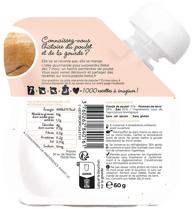 Piure cu carne de pui 4-6 luni Bio, 60g, Popote