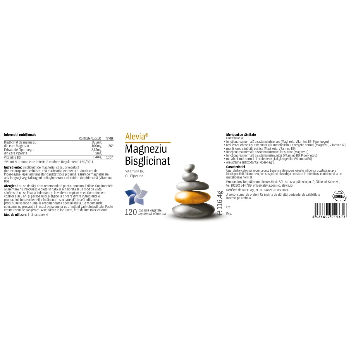 Magneziu bisglicinat cu vitamin B6 si piperina, 120 capsule, Alevia