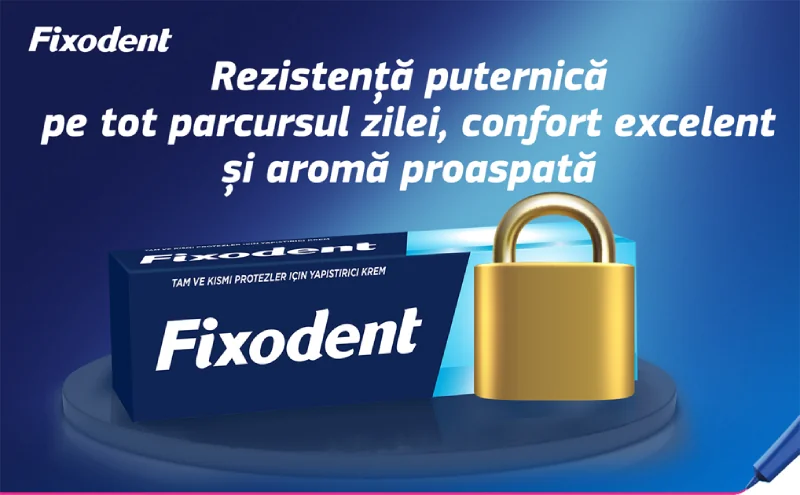 Cutie Fixodent cu un lacat pe fundal albastru. Cutie Fixodent cu un lacat pe fundal albastru.