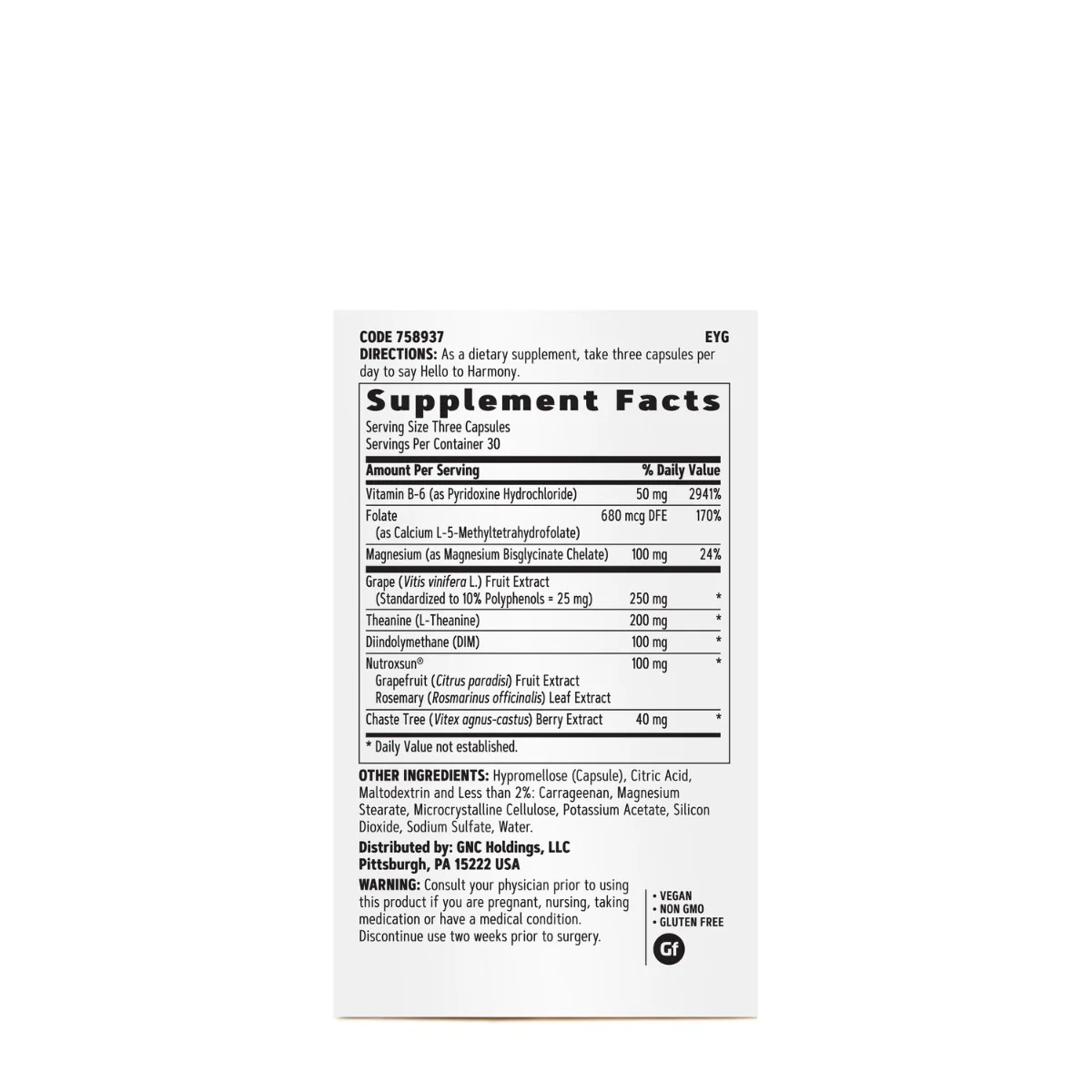 Women's Hello Harmony PMS Formula pentru echilibrul hormonal emotional si elasticitatea pielii, 90 capsule, GNC