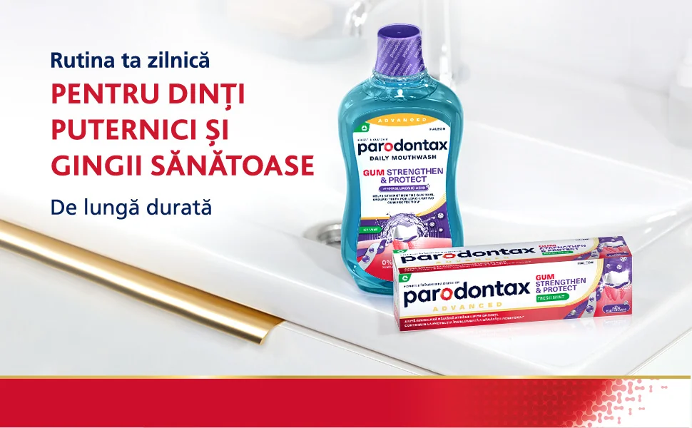 Apa de gura si pasta de dinti Parodontax Gum Strengthen & Protect pentru rutina zilnica de igiena orala Apa de gura si pasta de dinti Parodontax Gum Strengthen & Protect pentru rutina zilnica de igiena orala