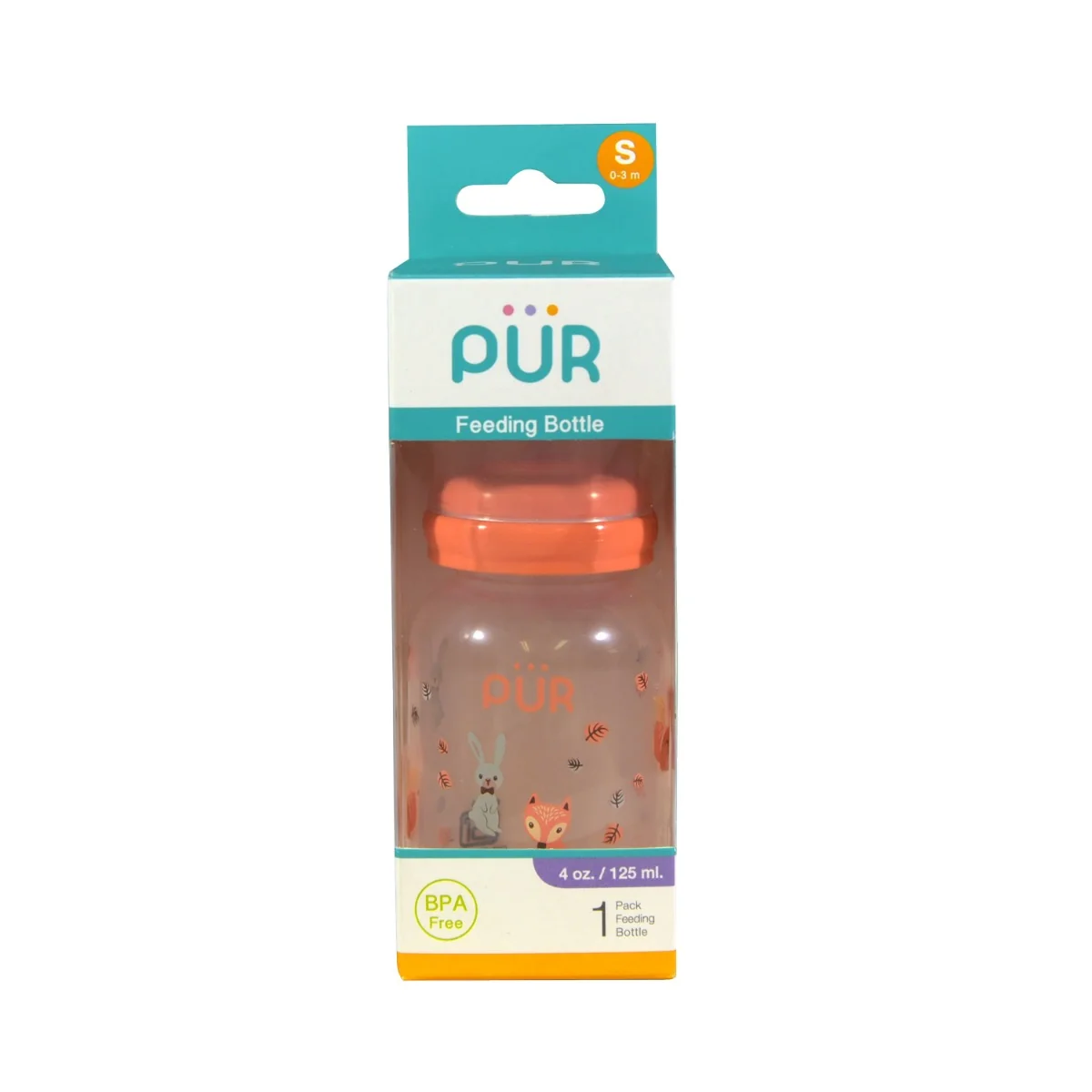 Biberon cu desen piersica 0-3 luni, 125ml, PUR