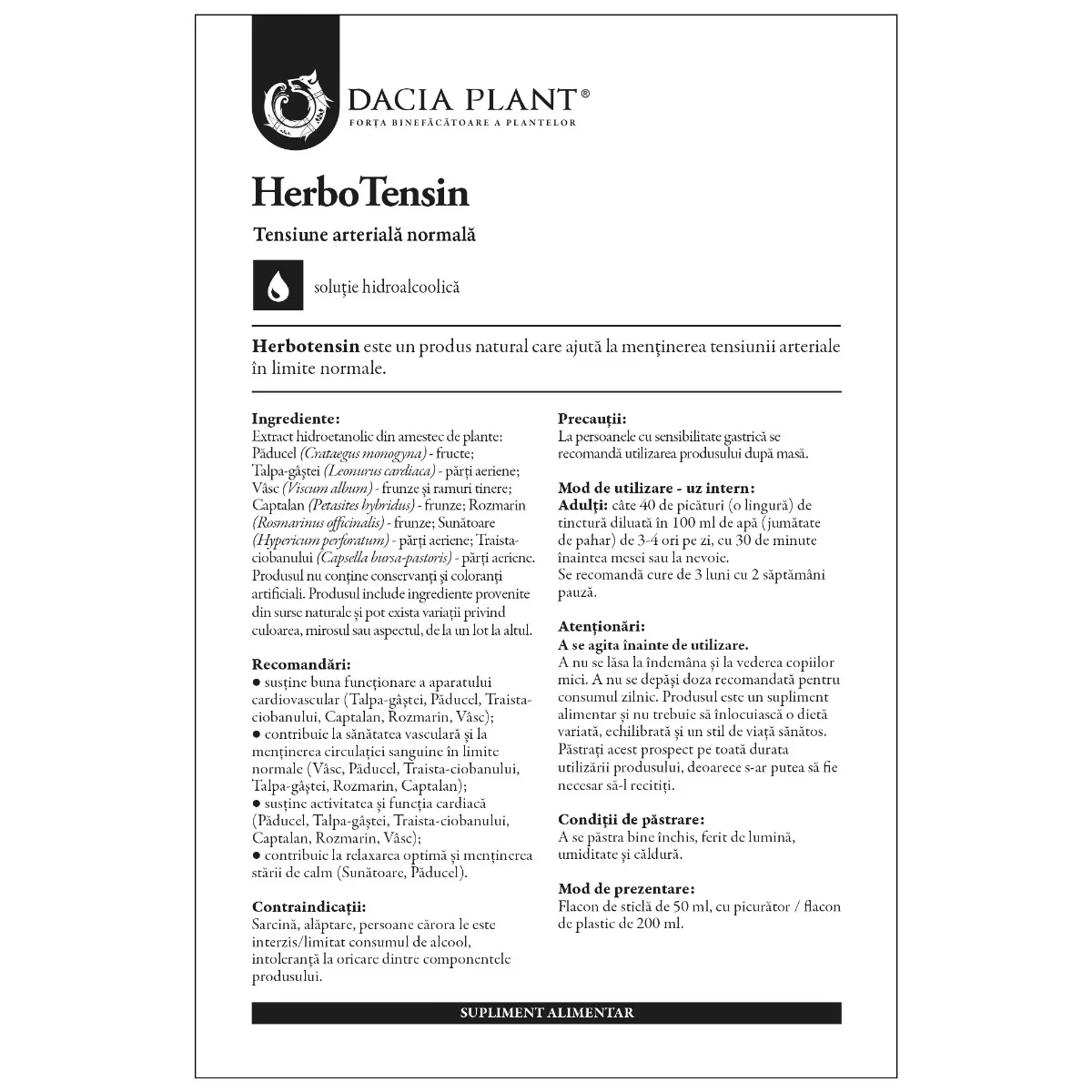 Tinctura pentru reglarea tensiunii HerboTensin, 50ml, Dacia Plant