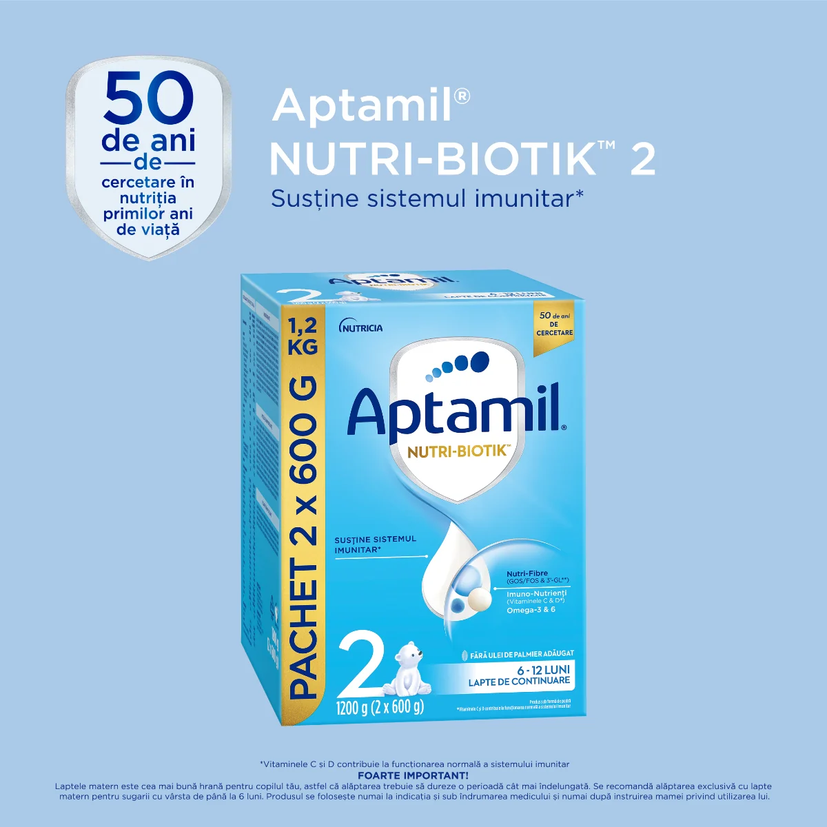 Lapte de continuare pentru 6-12 luni NUTRI-BIOTIK 2, 1200g, Aptamil