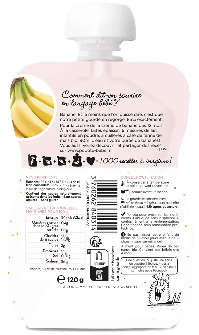 Piure cu banane 4-6 luni Bio, 120g, Popote