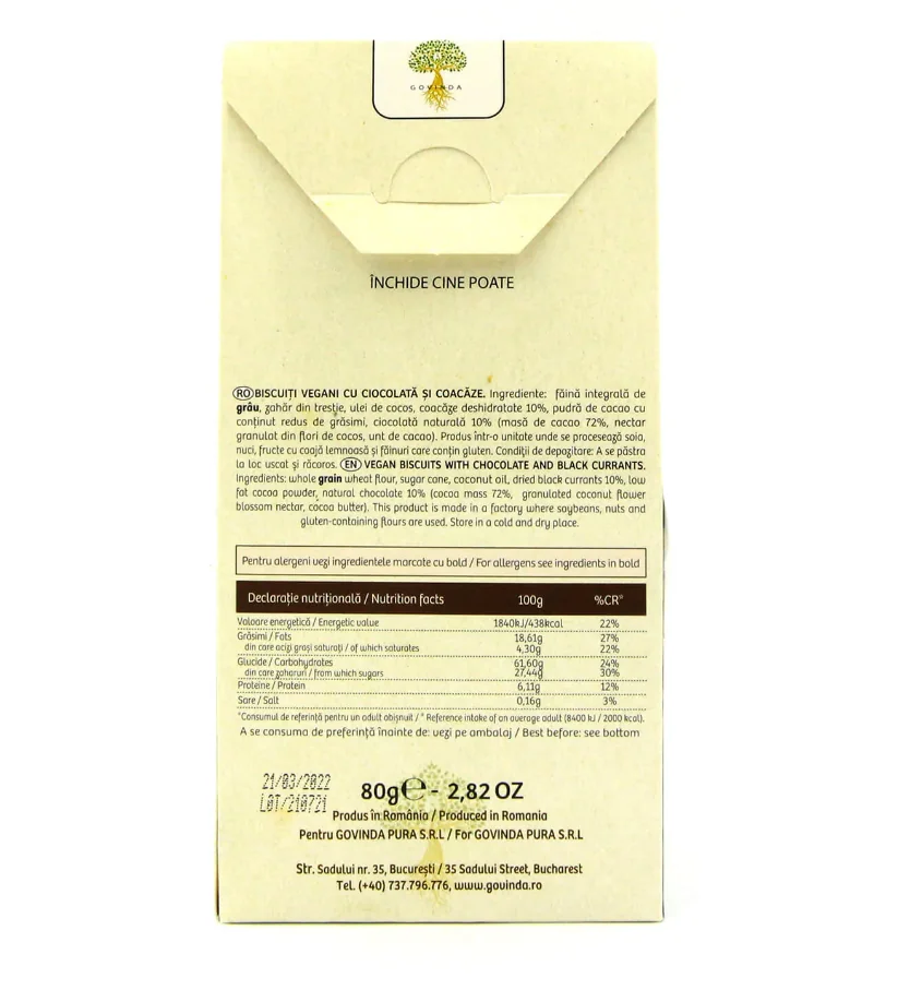 Biscuiti vegani cu ciocolata si coacaze, 80g, Govinda