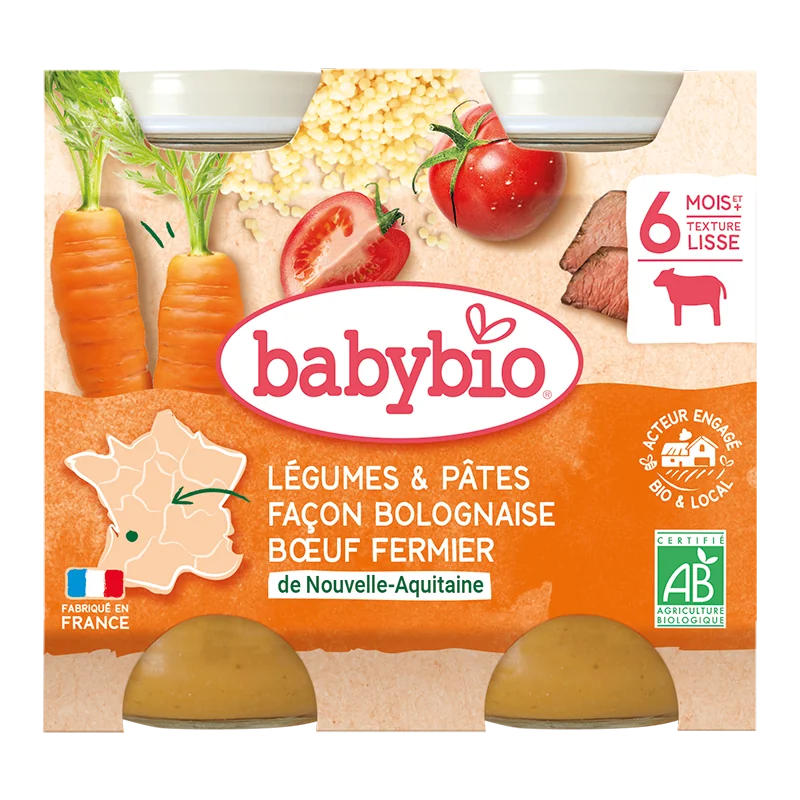 Piure bio de legume si paste in stil Bolognaise +6 luni, 2 x 200g, BabyBio