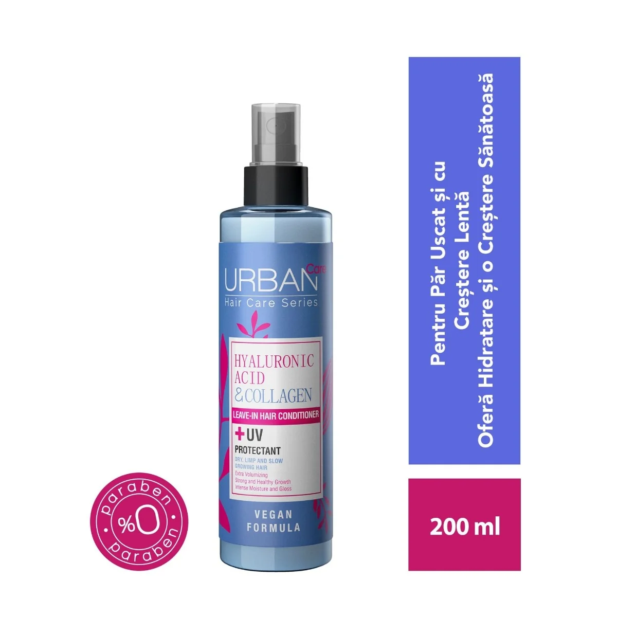 Balsam spray fara clatire cu Acid Hialuronic si Colagen, 200ml, Urban Care