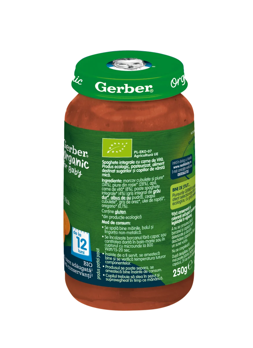 Spaghete integrale cu carne de vita +12 luni, 250g, Gerber