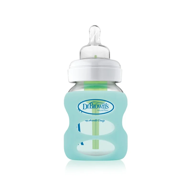 Protectie silicon pentru biberon din sticla cu gat larg verde menta, 150ml, Dr. Brown's