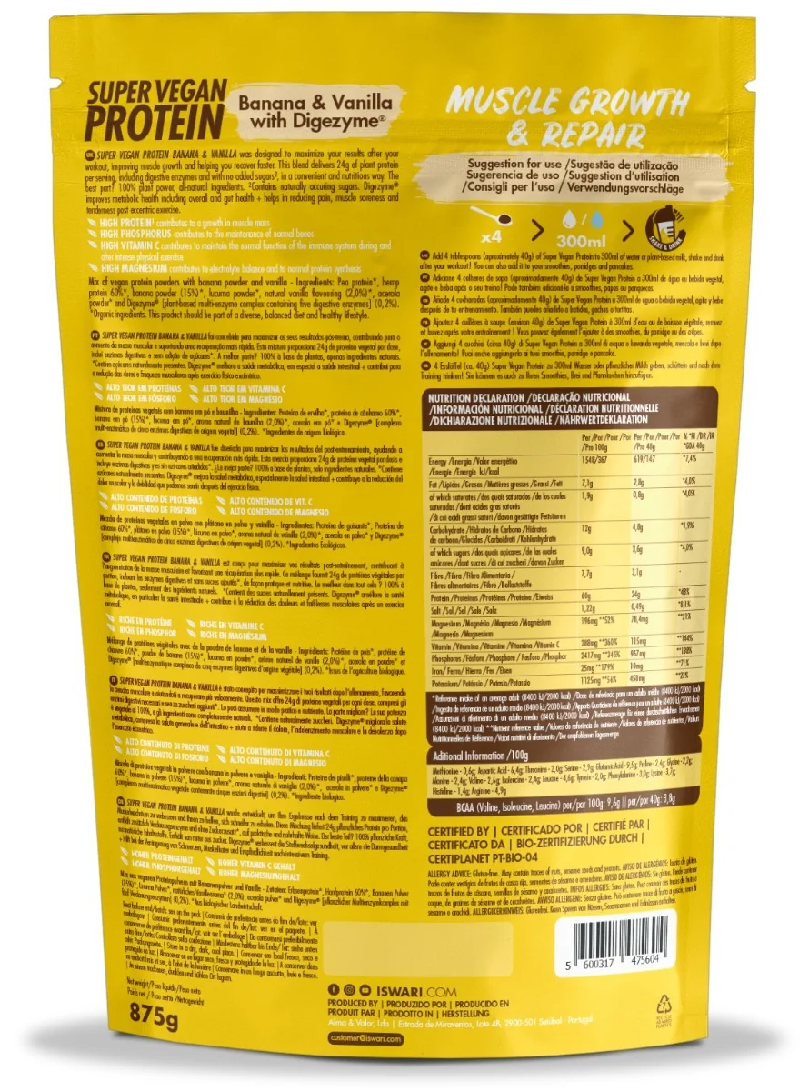 Proteina Super Vegan bio banane si vanilie cu DigeZyme, 875g, Iswari