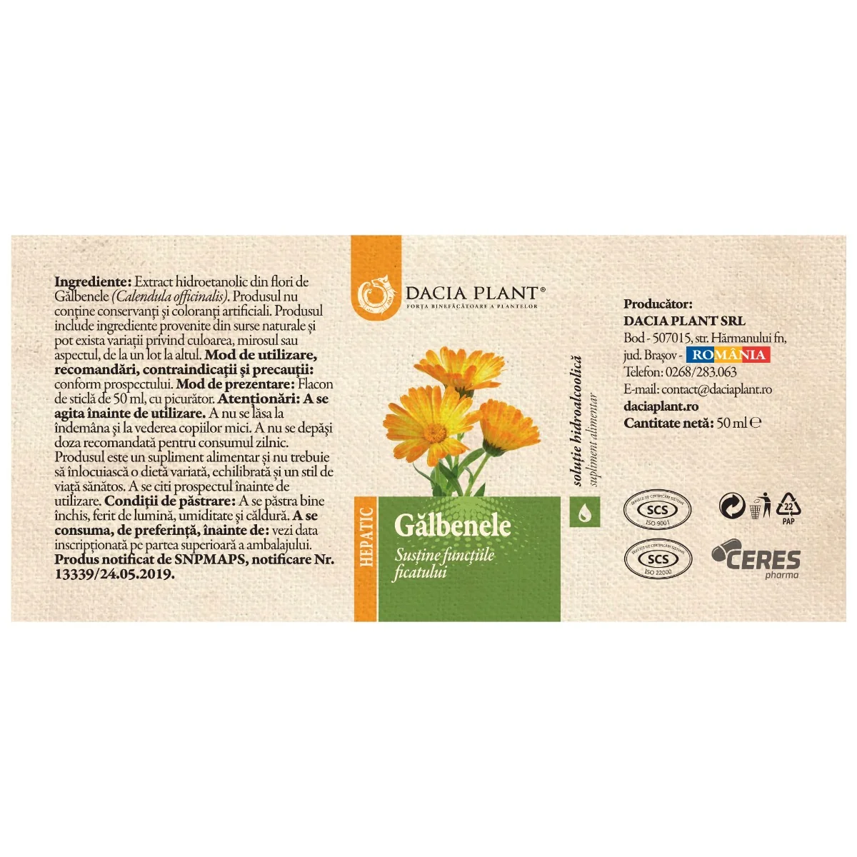 Tinctura de galbenele, 50ml, Dacia Plant