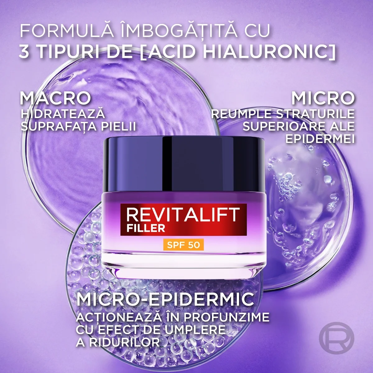 Crema antirid de zi cu acid hialuronic si SPF 50 Revitalift Filler, 50ml, L'Oreal Paris
