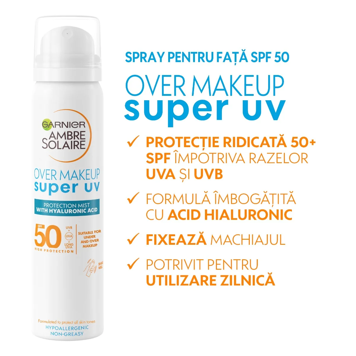 Spray pentru fata Ambre Solaire Over Makeup SPF50+, 75ml, Garnier