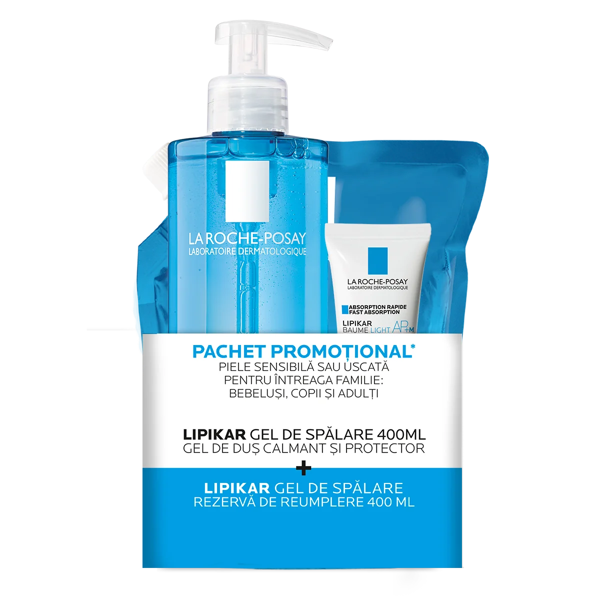 Pachet Gel de dus calmant Lipikar 400ml + Rezerva 400ml + Balsam Lipikar Baume Light AP+M 15ml, La Roche-Posay