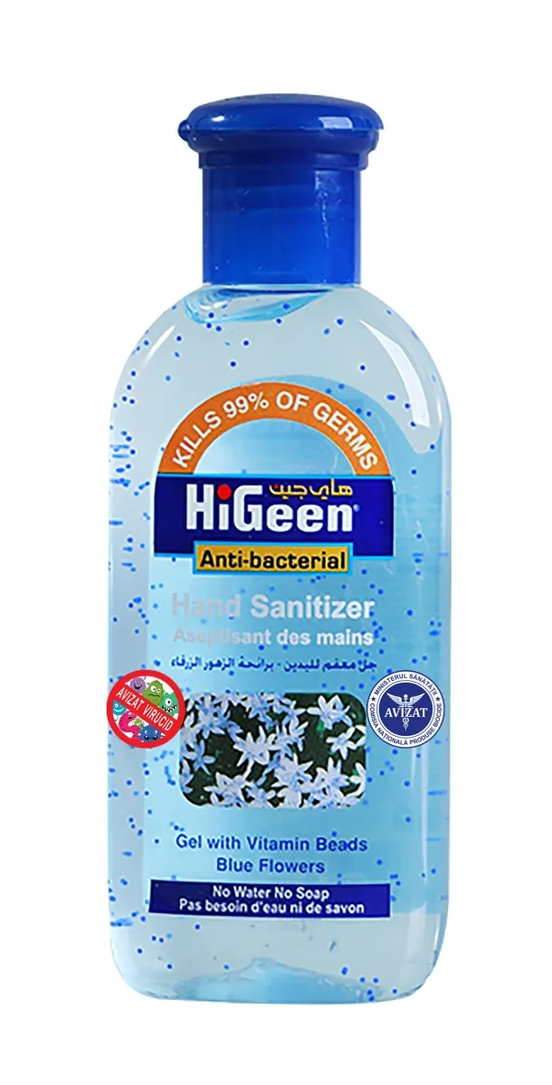 Gel dezinfectant de maini cu granule de Vitamina A, E si lotiune hidratanta cu aroma de Blue Flowers, 50m, HiGeen
