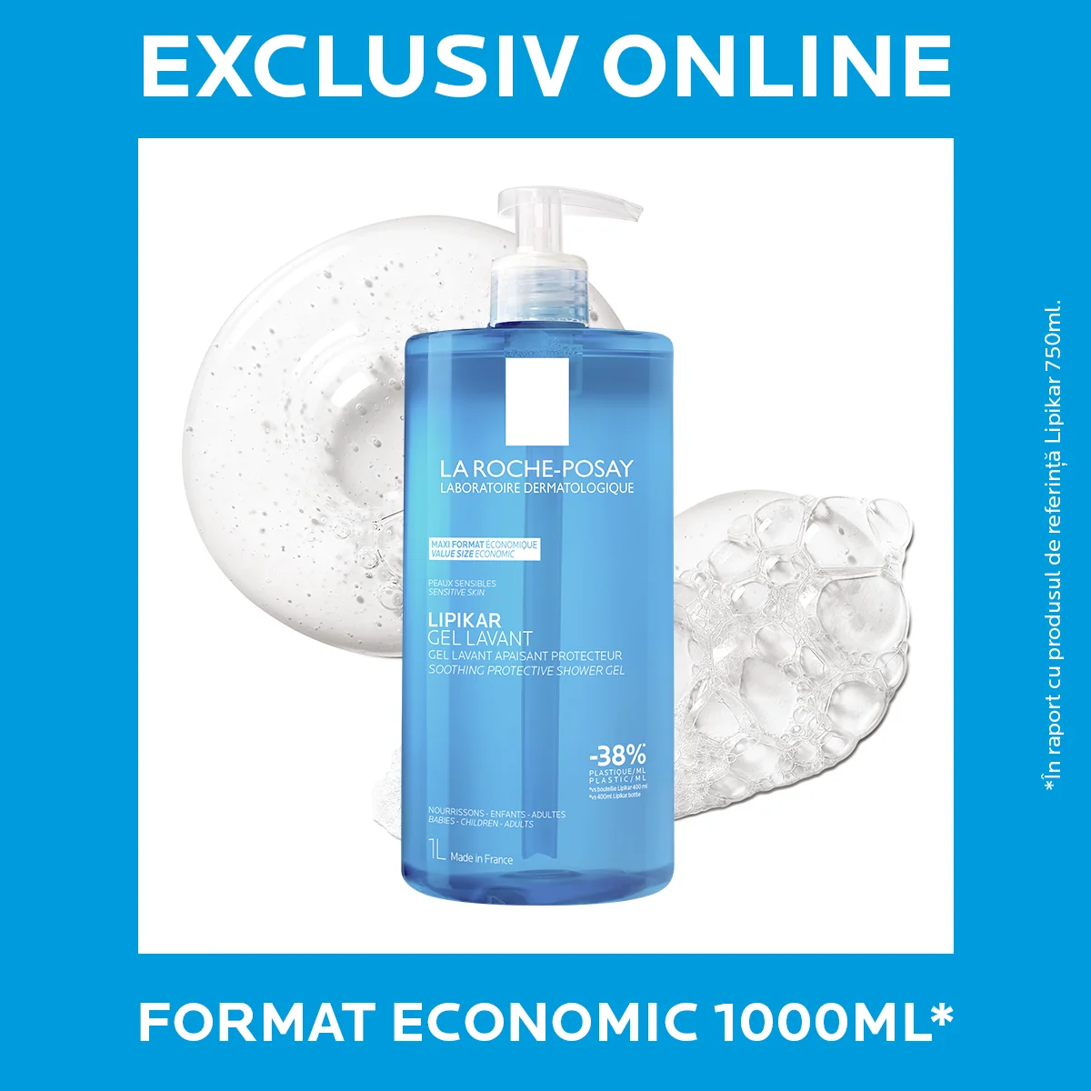 Gel de curatare pentru piele sensibila bebelusi copii si adulti Lipikar, 1000ml, La Roche-Posay