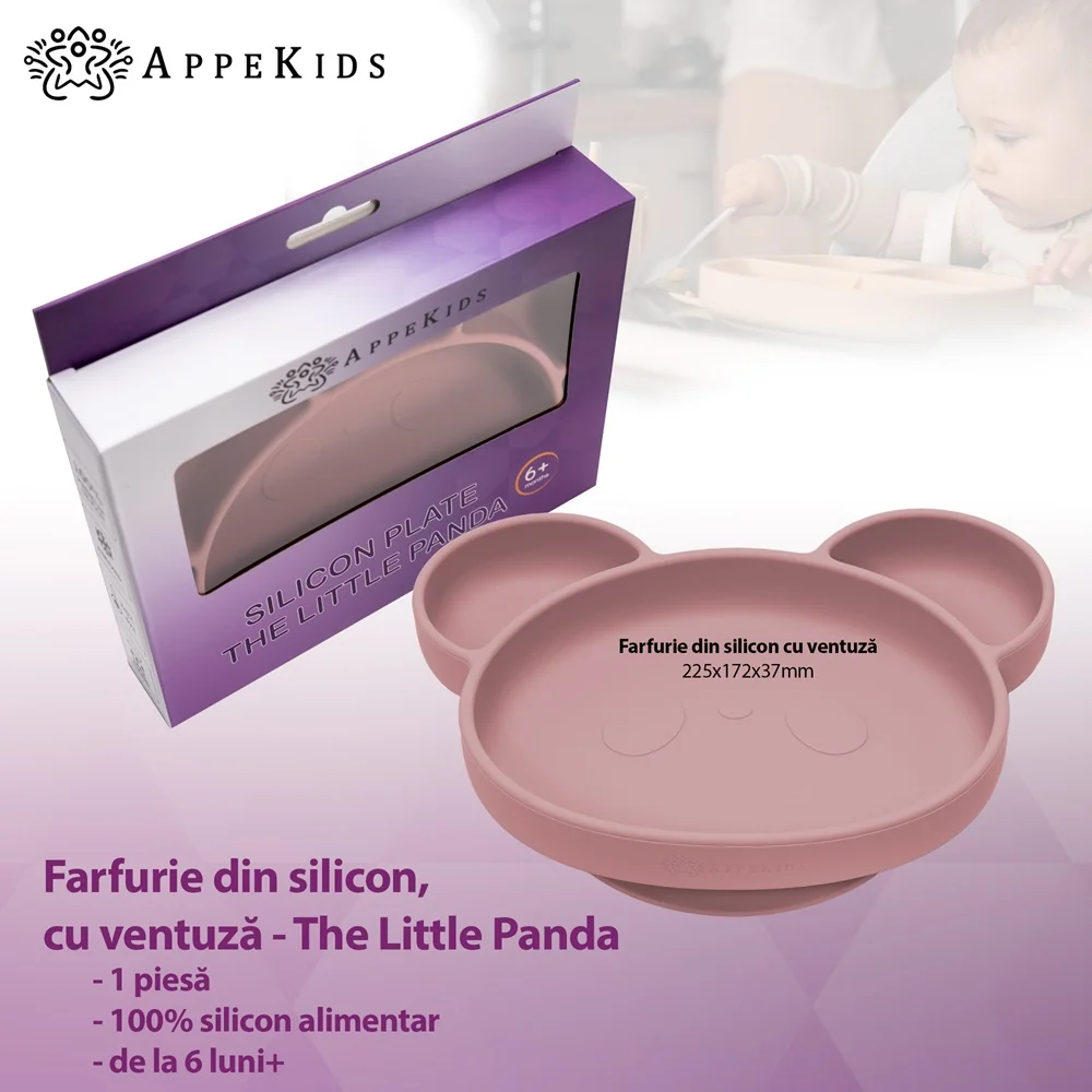 Farfurie din silicon cu ventuza Panda Old Rose 6 luni+, 1 bucata, Appekids