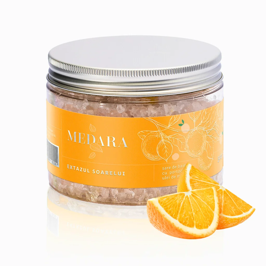 Sare de baie cu portocala si ulei de migdale Extazul Soarelui, 500g, Medara