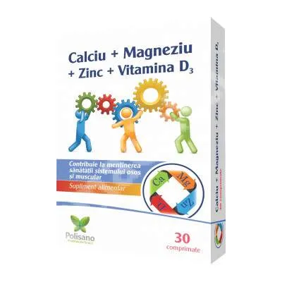 Calciu + Magneziu + Zinc + Vitamina D3, 30 comprimate, Polisano