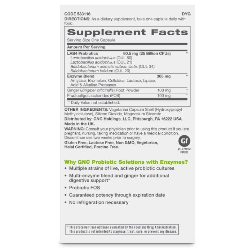 Probiotic cu enzime digestive 25 Miliarde CFUs Probiotic Solutions With Enzymes, 30 capsule, GNC
