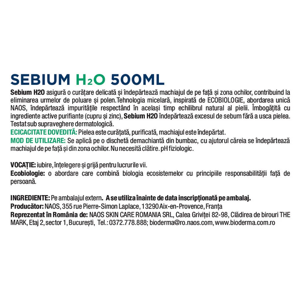 Solutie micelara Sebium H2O, 500ml, Bioderma